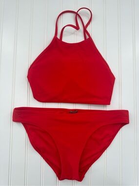 Aerie High Neck Halter Style Strappy Back Classic Bottoms Red Bikini Size Medium